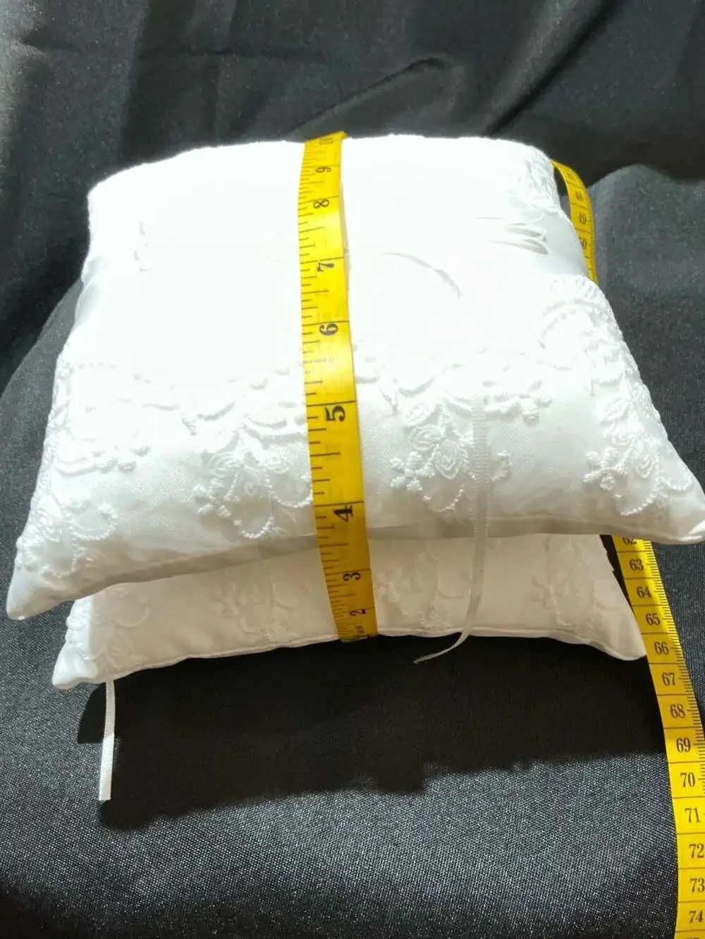 White Satin and Lace Ring Bearer Pillow with Pearl Accents and Ribbons